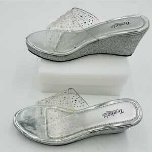 Trinkets Girls Silver Sparkle 3" Wedge Sandals Size 5 Rhinestone